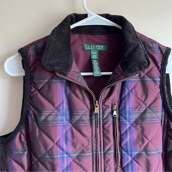 Lauren Ralph Lauren Burgundy Plaid Corduroy Trim Zipper Vest Barn Chore - Picture 2 of 5